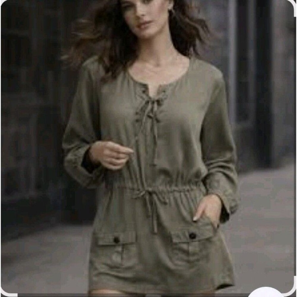 Guess Jeans Tunic Dress Women's 7 Olive Cargo Style Drawstring Waist Silk